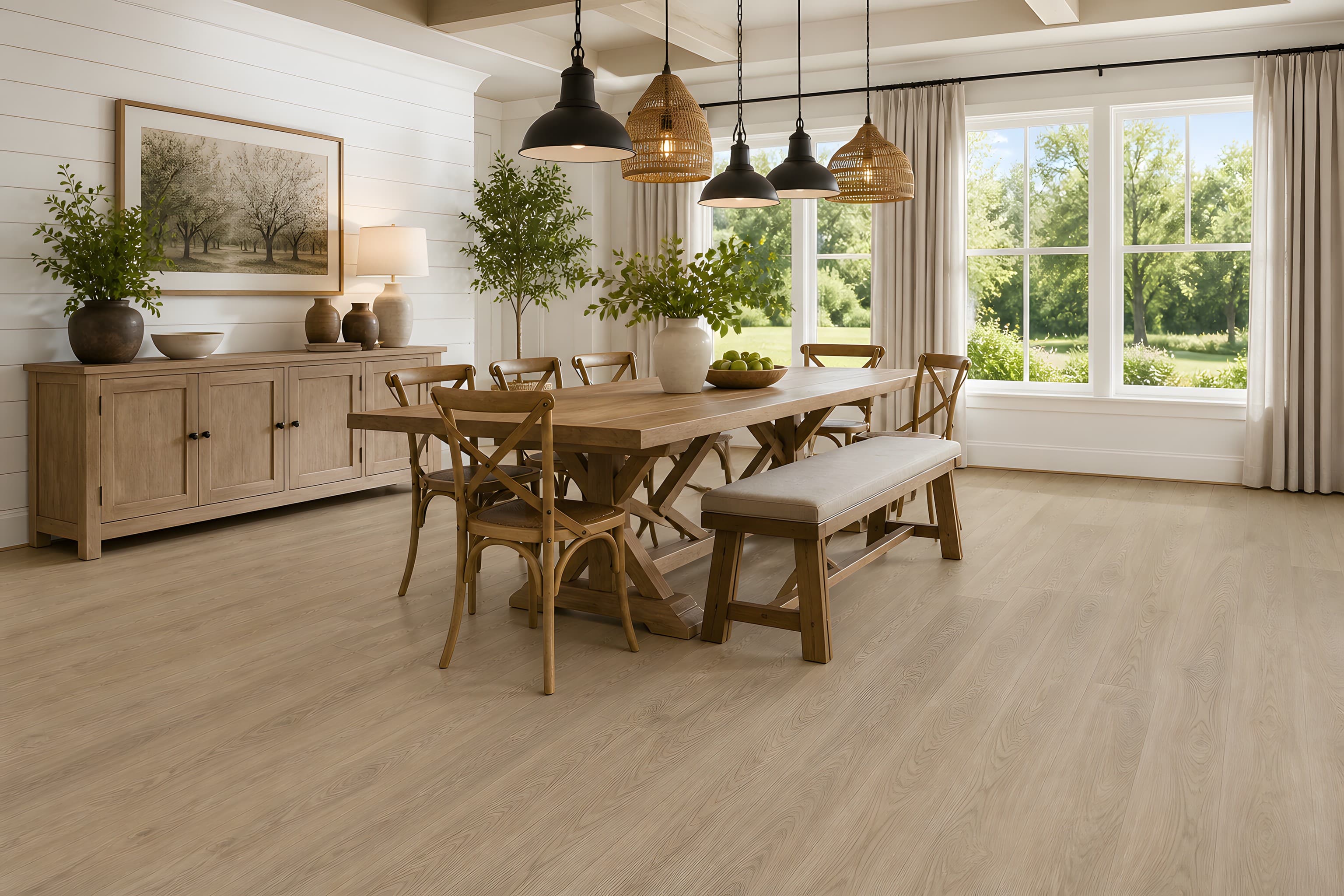 A trestle table and cross-back chairs under a cluster of black-and-rattan pendants.