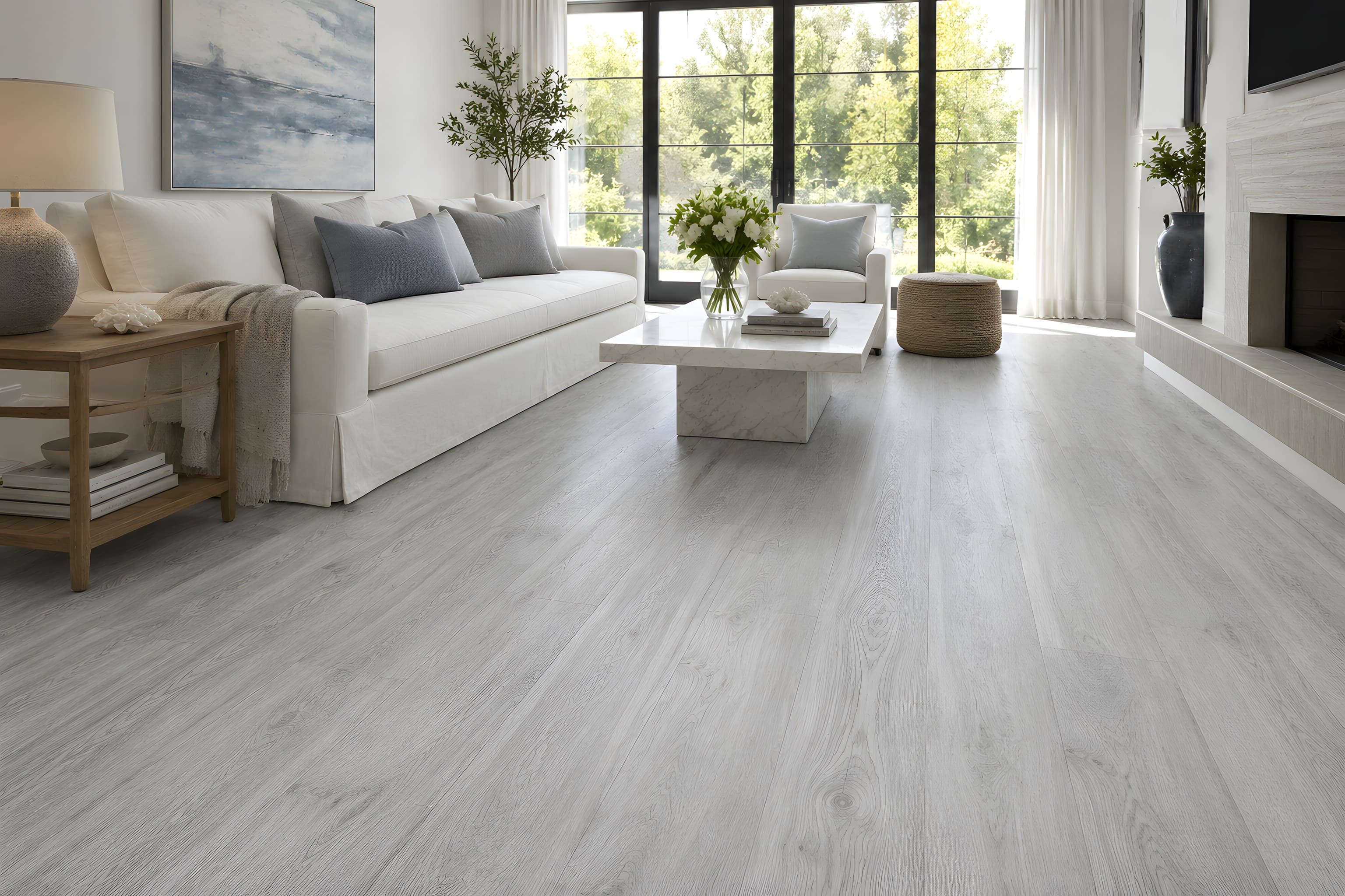 A white slipcovered sofa and a travertine table by tall windows over cool silver-grey oak.