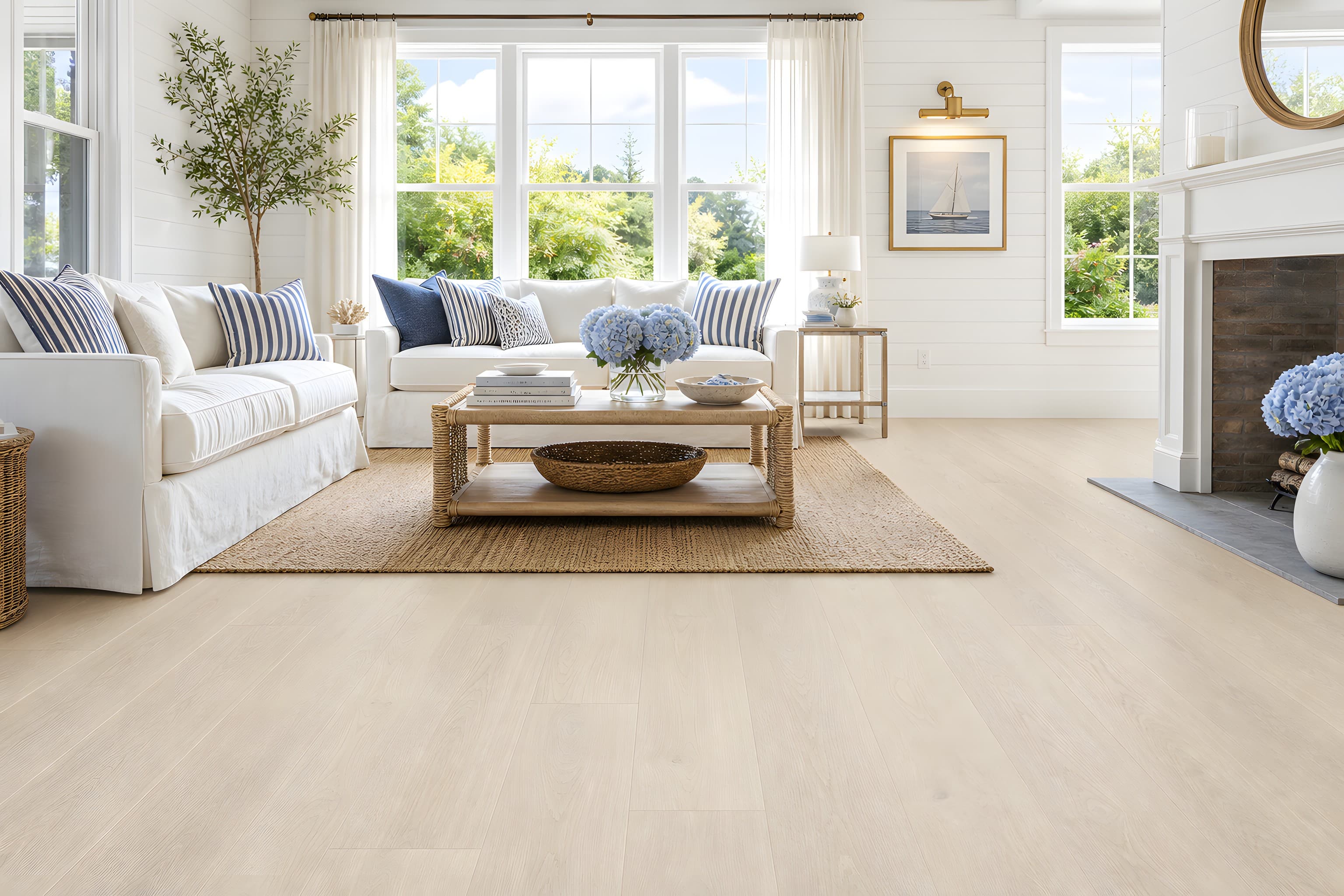 Slipcovered sofas and navy-and-white textiles over bright white oak — Hamptons calm.