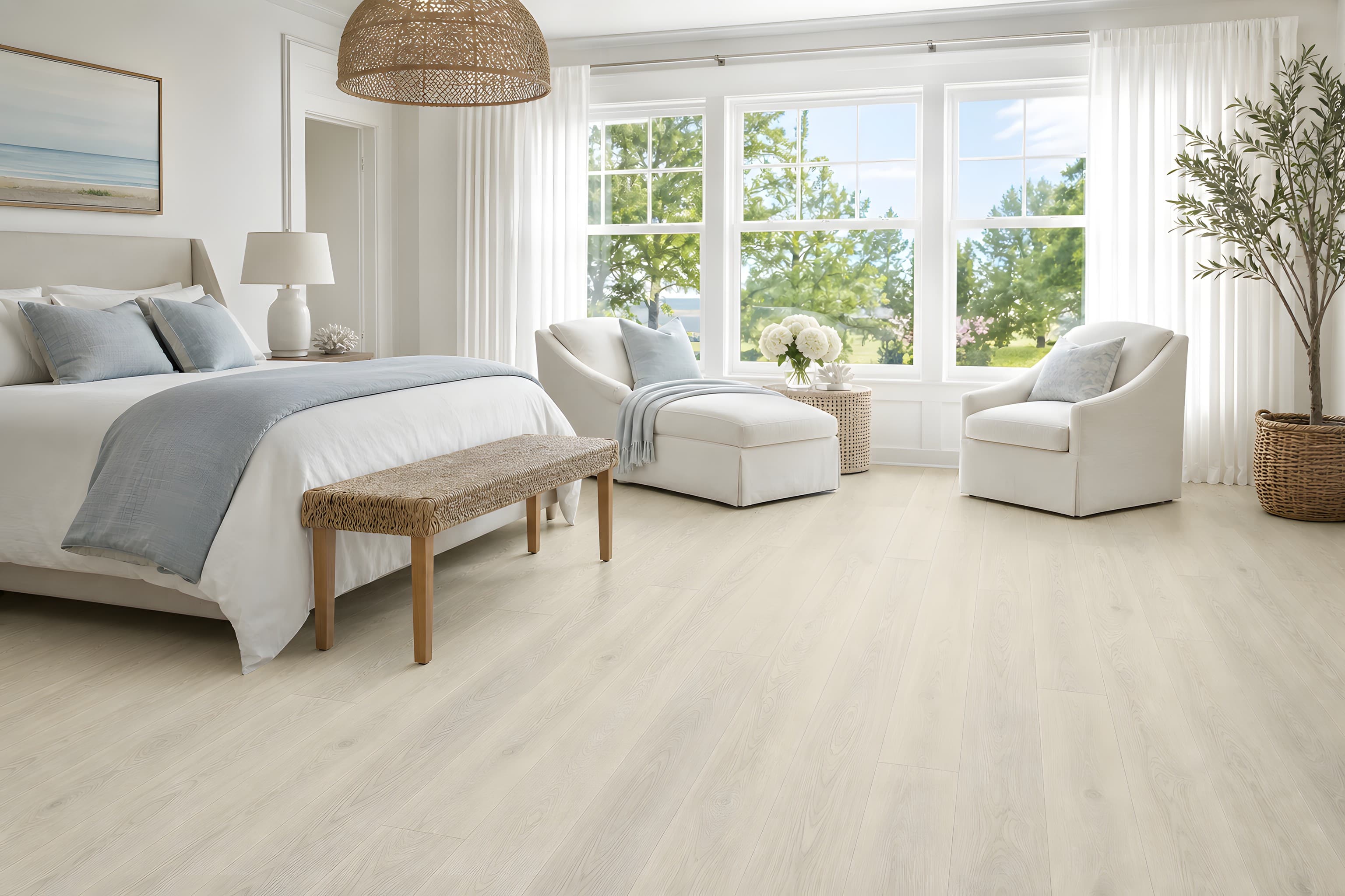 An airy bedroom-sitting in pale blue and cream over whitewashed oak.