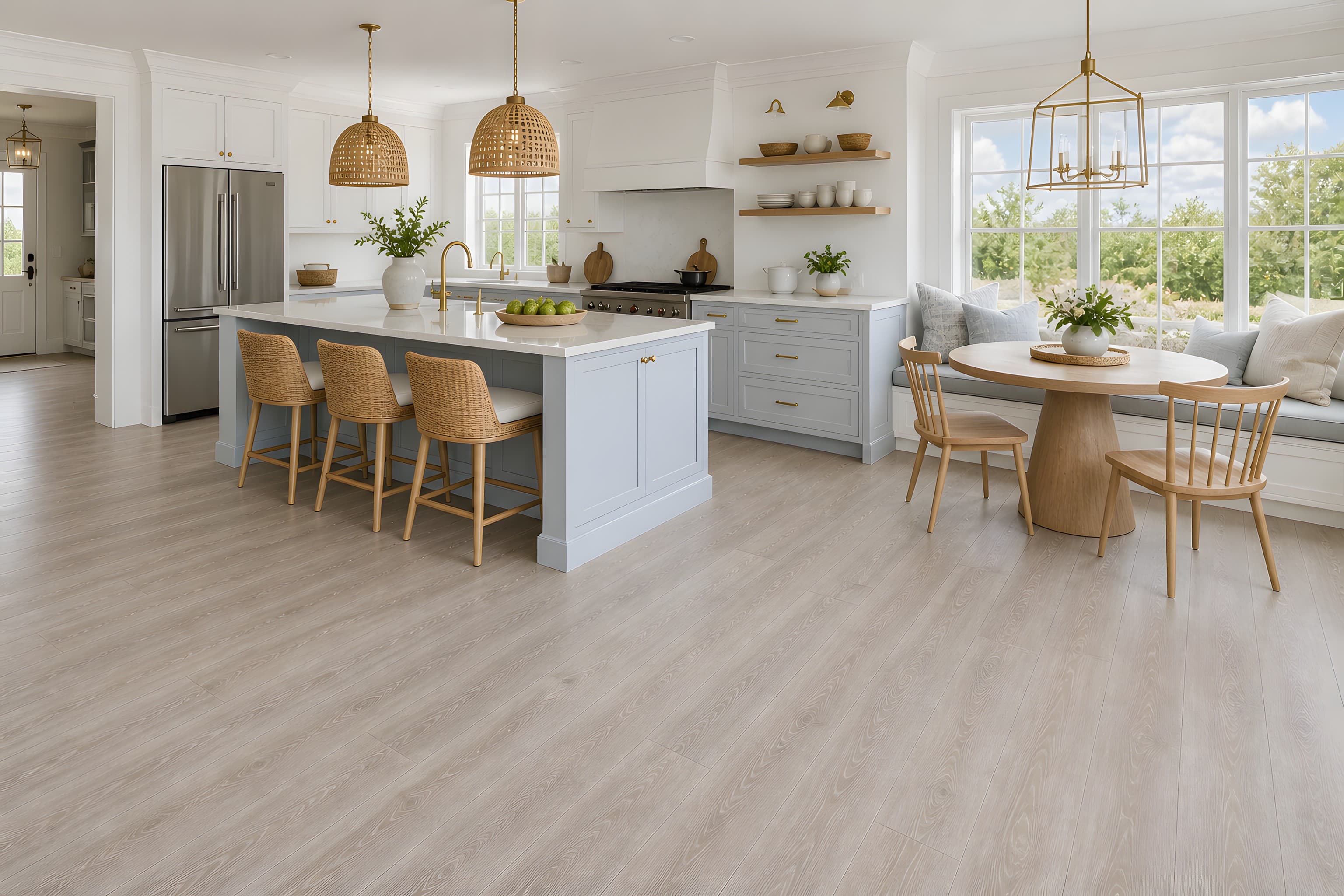 A white-and-blue shaker kitchen with a marble island and a sunlit breakfast nook.